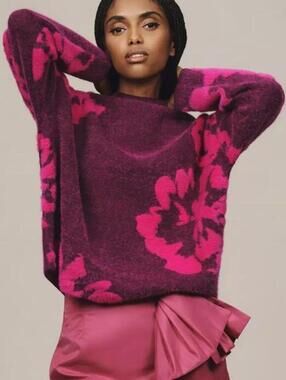 Anthropologie Mock-Neck Fuzzy Floral Sweater - Size XS EUC